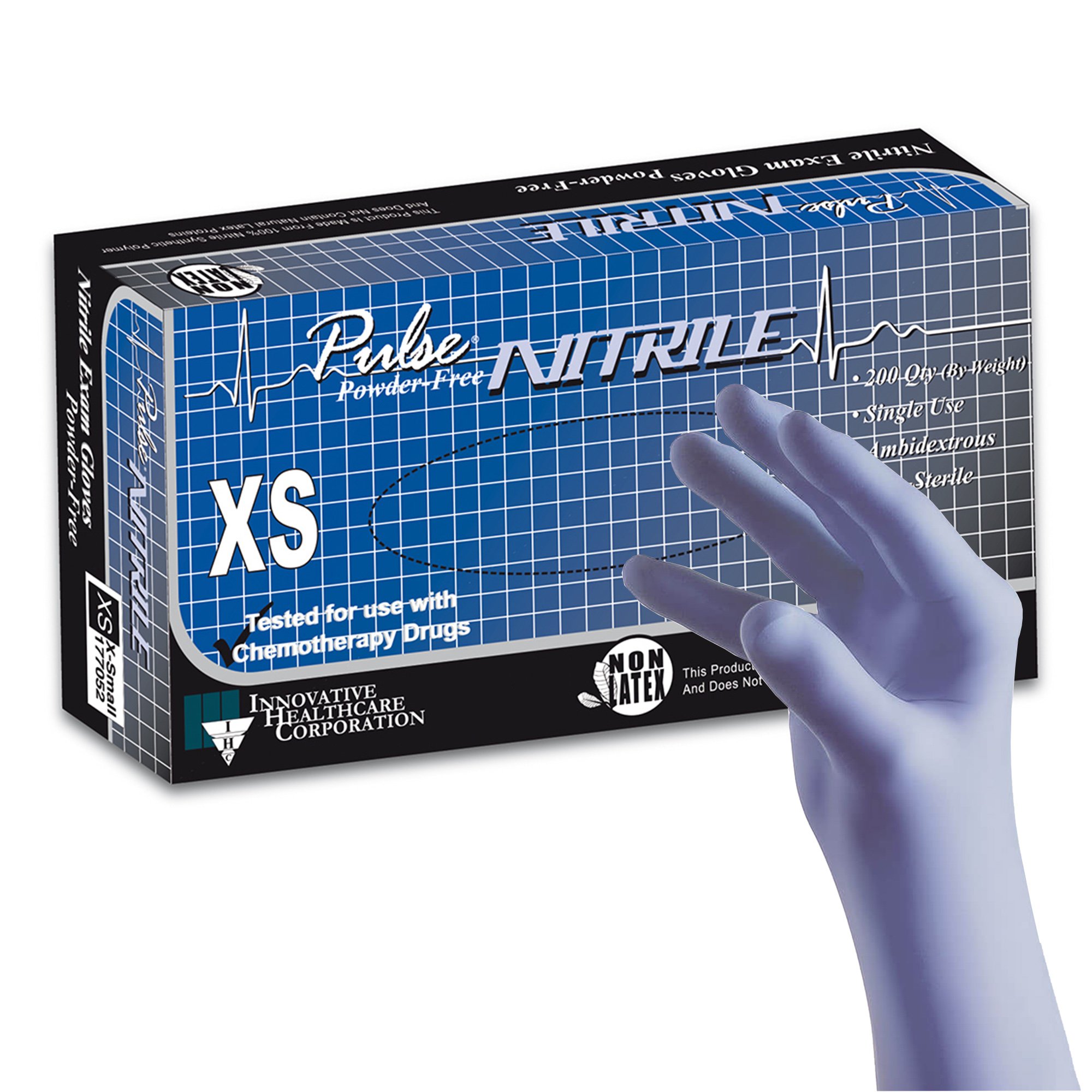 Pulse Nitrile Exam Gloves X-Small - Chemotherapy and Fentanyl Tested, Aqua Blue, Non-Sterile, Textured Fingertips, Standard Cuff by Brand 177052