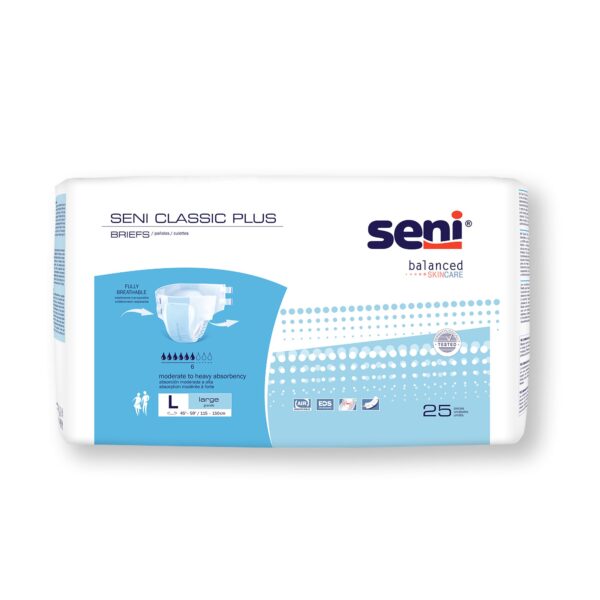 Seni Classic Plus Large Unisex Adult Incontinence Brief - Moderate Absorbency, Part Number S-LA25-BC2