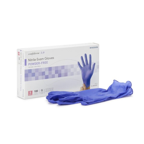 McKesson Confiderm 3.0 Small Nitrile Exam Gloves with Textured Fingertips - NonSterile, Blue
