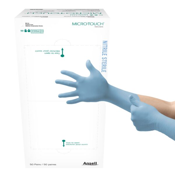 Micro-Touch Large Nitrile Exam Gloves with Extended Cuff and Textured Fingertips - Blue, Sterile, Ambidextrous, Part No. 6034153