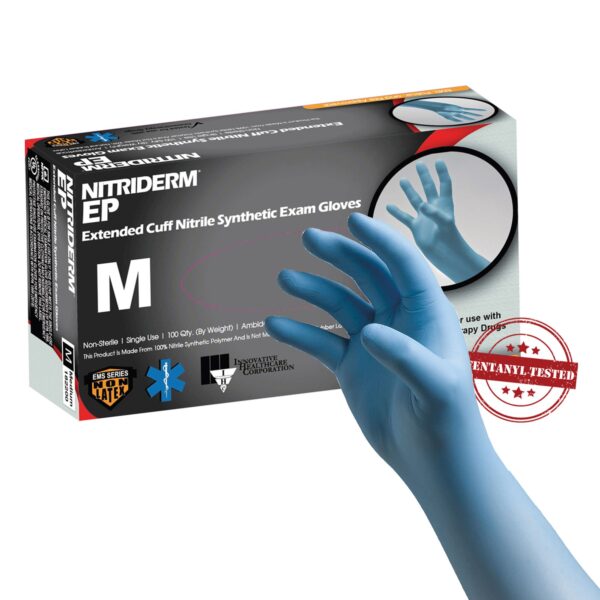 Exam Glove NitriDerm EP Medium Non-Sterile Nitrile Extended Cuff - Blue, Textured, Chemo & Fentanyl Tested