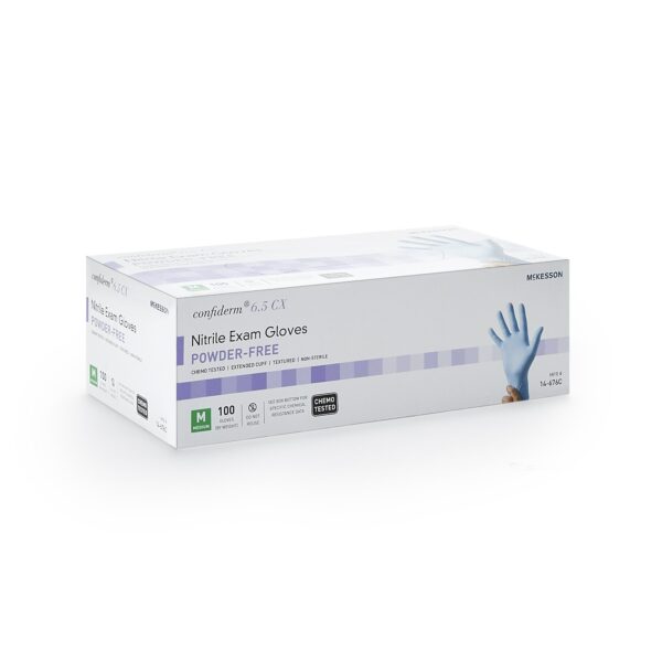 McKesson Confiderm 14-676C Medium Nitrile Exam Gloves with Extended Cuff and Textured Fingertips - Image 6