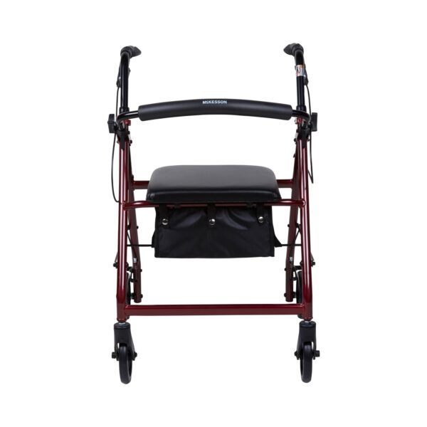 McKesson 146-R726RD Four Wheel Red Rollator with Adjustable Height and Folding Aluminum Frame - Image 2