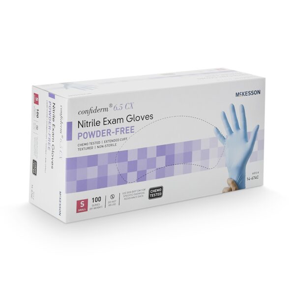 McKesson Confiderm 14-674C Small Blue Nitrile Exam Gloves with Extended Cuff and Textured Fingertips - Image 6