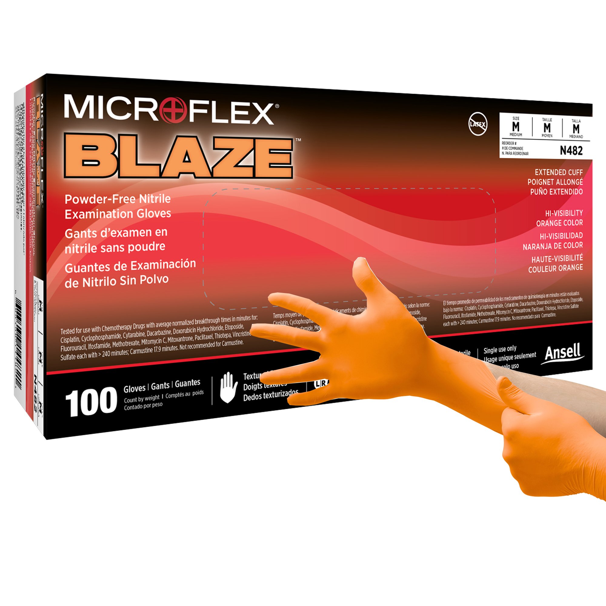 Microflex Blaze Medium Non-Sterile Nitrile Exam Gloves with Textured Fingertips and Standard Beaded Cuff * Orange, Size Medium (Part N482)
