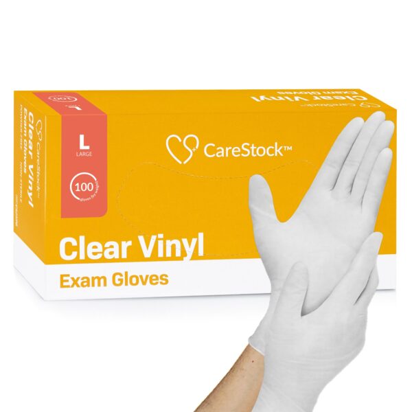 CareStock Large Non-Sterile Vinyl Exam Gloves - Smooth, Clear, Standard Cuff, Powder-Free, 100 Gloves