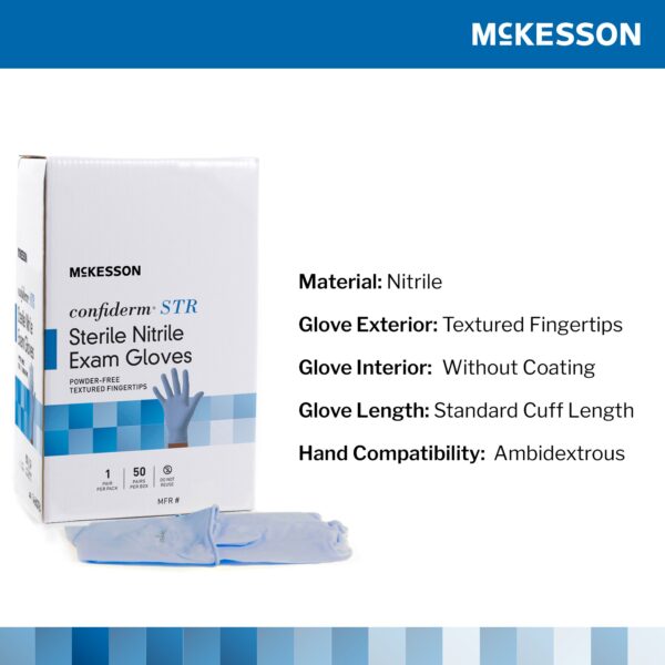 McKesson Confiderm STR Medium Nitrile Exam Gloves * Sterile, Blue, Standard Cuff, Textured Fingertips - Image 3