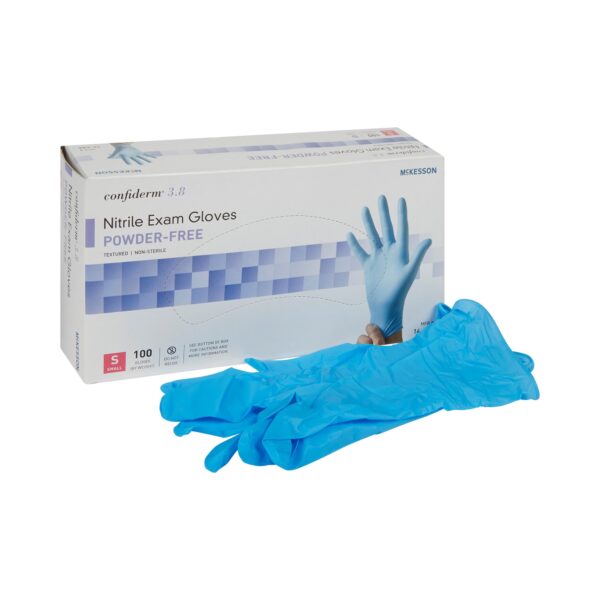 McKesson Confiderm 14-684 Small Blue Nitrile Exam Gloves with Textured Fingertips and Beaded Cuffs