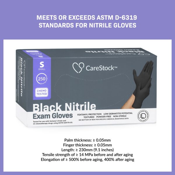CareStock Small Nitrile Exam Gloves with Textured Finish and Secure Fit - NonSterile, Black, Standard Cuff Length - Image 4