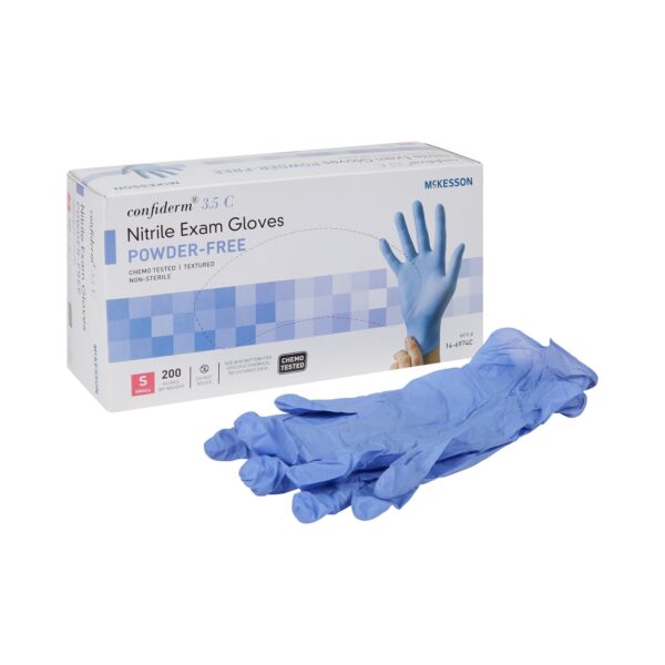 McKesson Confiderm 3.5C Small Nitrile Exam Gloves - Powder-Free, Textured Fingertips, Blue Chemo Tested