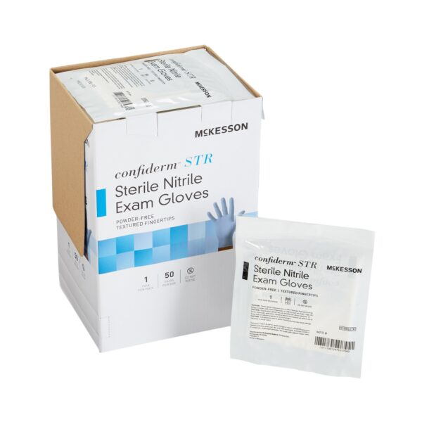 McKesson Confiderm STR Medium Nitrile Exam Gloves * Sterile, Blue, Standard Cuff, Textured Fingertips
