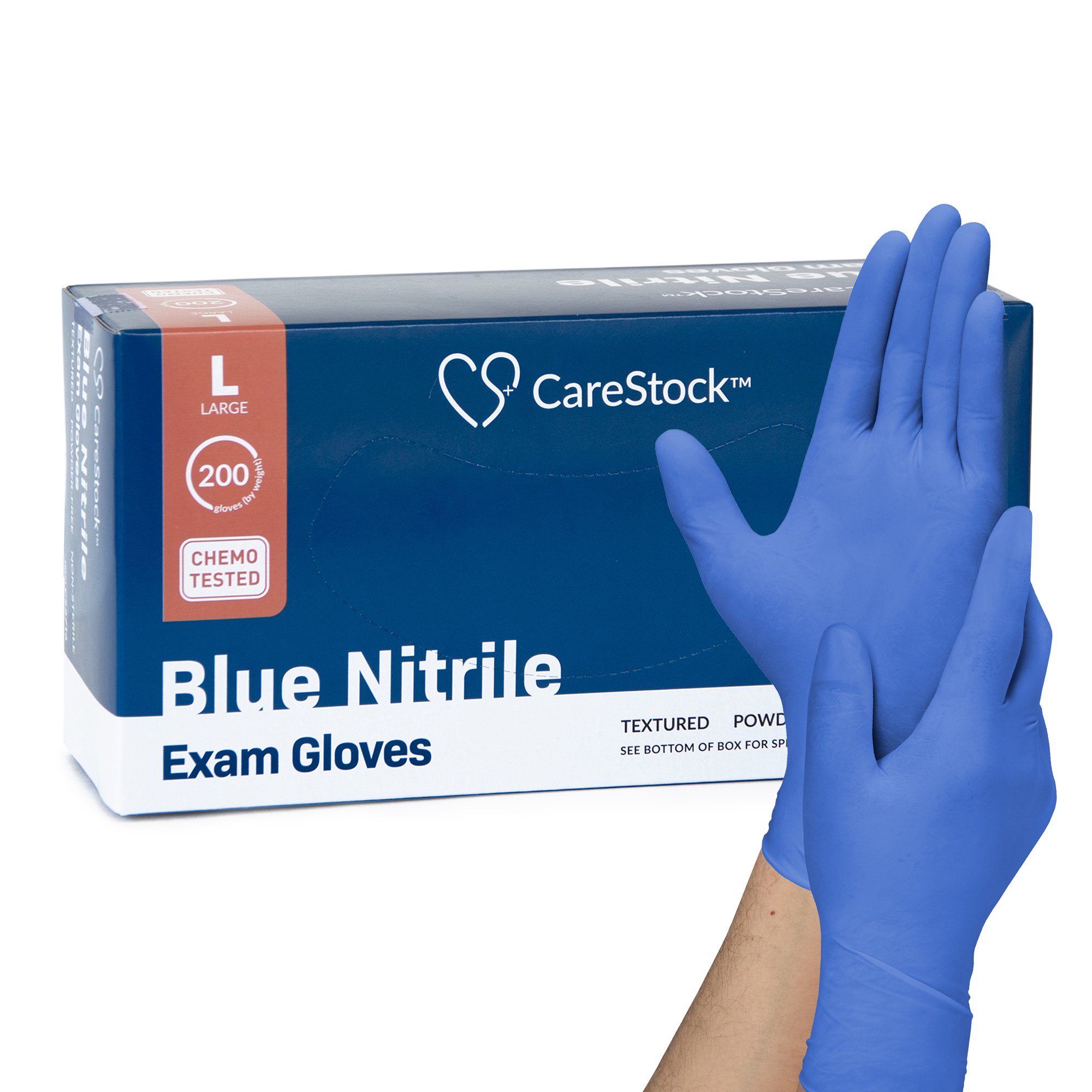 CareStock Large Nitrile Exam Gloves with Textured Fingertips and Chemo Testing - Blue, Part CS2716