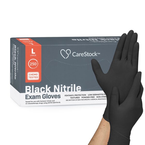 CareStock Large Non-Sterile Nitrile Exam Gloves with Textured Finish * Standard Cuff, Black, Chemotherapy-Tested