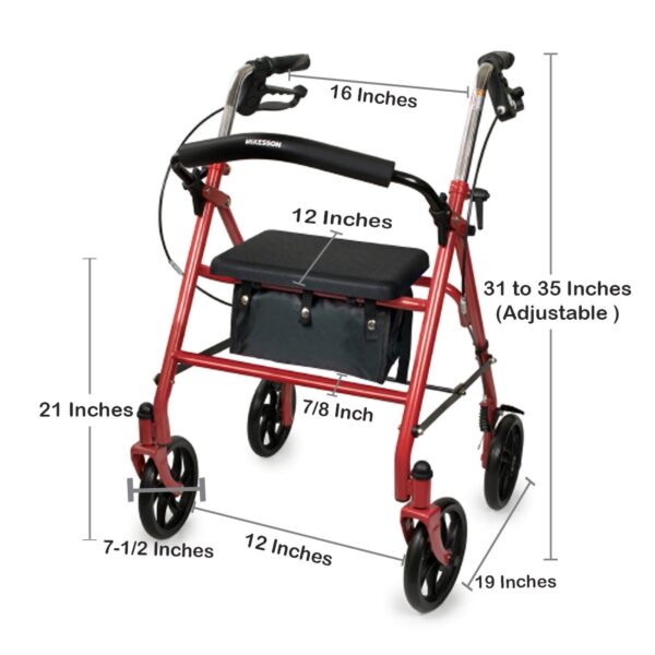 McKesson 4 Wheel Rollator with Adjustable Height and Folding Steel Frame - Red - Image 5
