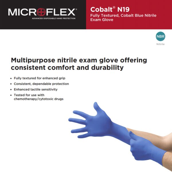 Microflex Cobalt Exam Glove N192 - Medium Non-Sterile Nitrile with Fully Textured Blue Cuff - Image 3