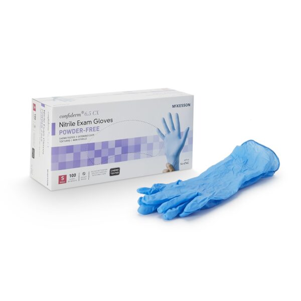 McKesson Confiderm 14-674C Small Blue Nitrile Exam Gloves with Extended Cuff and Textured Fingertips