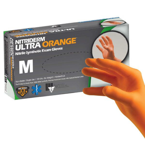 NitriDerm Ultra Orange Exam Gloves, Medium - NonSterile, Fully Textured, Fentanyl & Chemo Tested by Brand, Part Number 199200