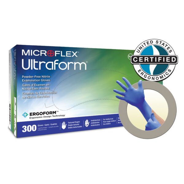 Microflex Ultraform X-Small Nitrile Exam Gloves - Non-Sterile, Textured Fingertips, Powder-Free, Blue, Standard Cuff - Image 3