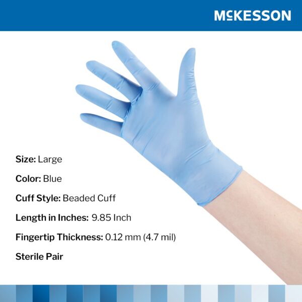 McKesson Confiderm STR Large Nitrile Exam Gloves - Sterile, Textured Fingertips, Blue - Image 2