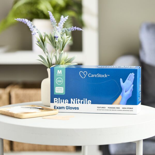 CareStock Medium Non-Sterile Nitrile Exam Gloves with Textured Fingertips and Chemo Testing - Blue, Part CS2714 - Image 2