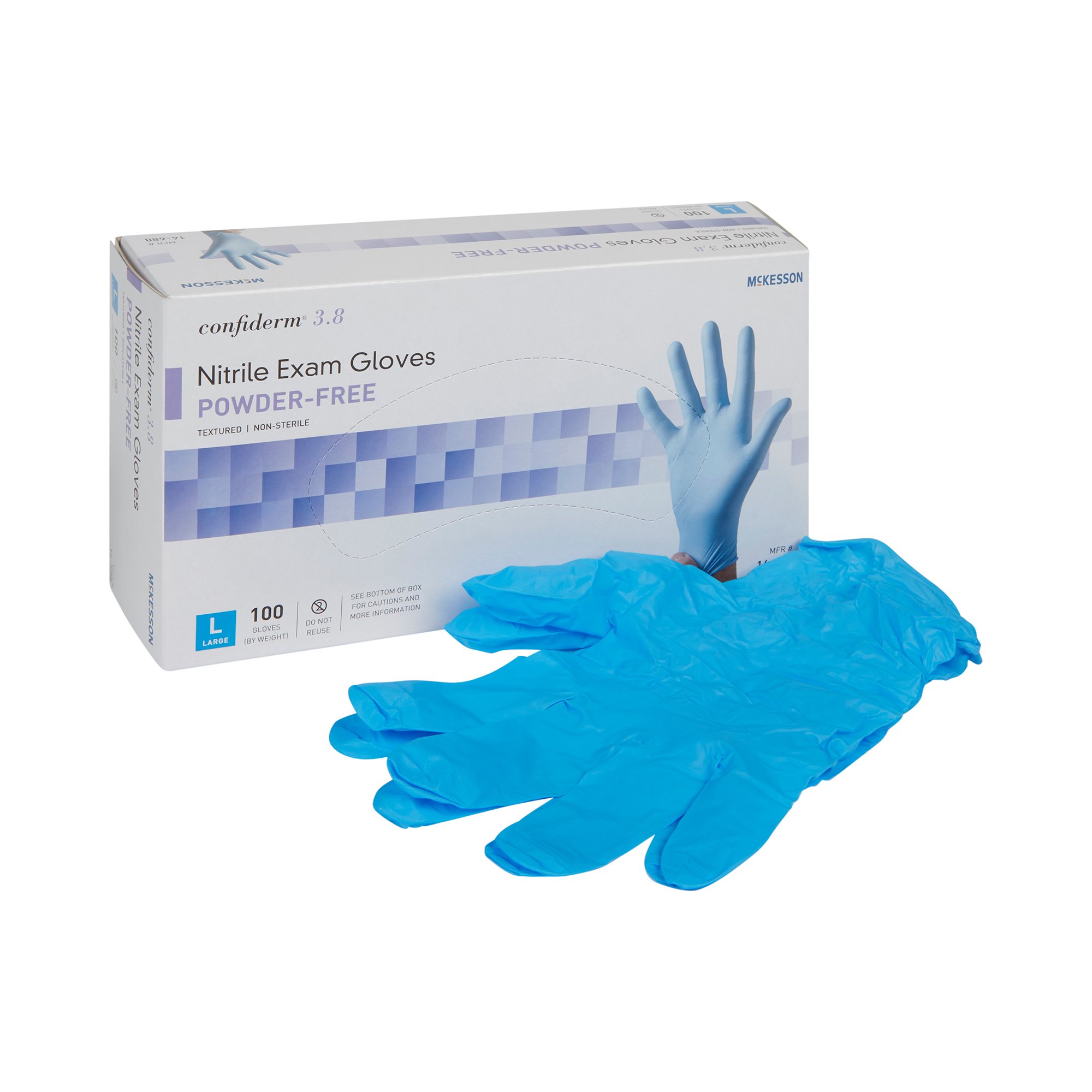 McKesson Confiderm 14-688 Large NonSterile Nitrile Exam Gloves with Textured Fingertips and Beaded Cuffs