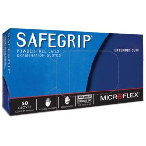 SafeGrip Medium Non-Sterile Latex Exam Gloves with Extended Cuff - Blue, Chemo Tested