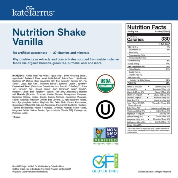 Kate Farms Nutrition Shake Vanilla Flavor Liquid 11 oz. * Organic Meal Replacement for Muscle Support - Image 6
