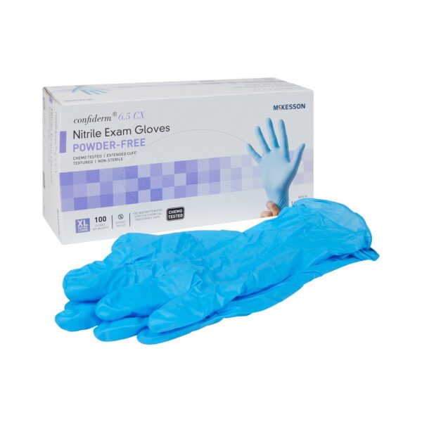 McKesson Confiderm 14-680C Nitrile Exam Gloves - Extra Large, Extended Cuff, Textured Fingertips, Blue