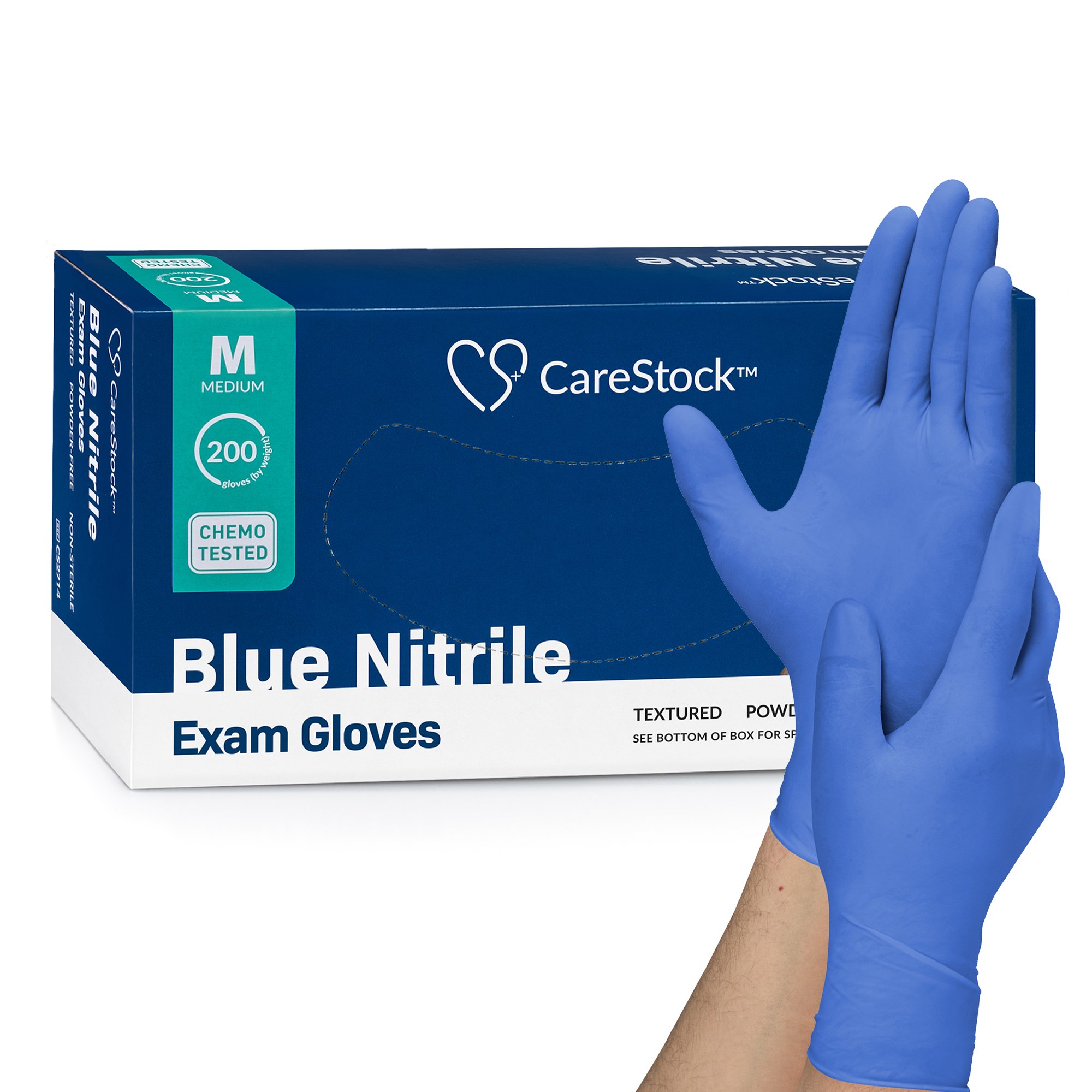 CareStock Medium Non-Sterile Nitrile Exam Gloves with Textured Fingertips and Chemo Testing - Blue, Part CS2714