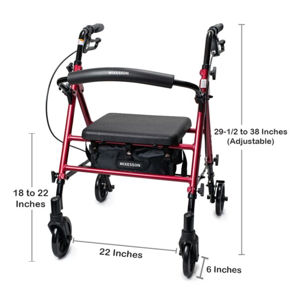 McKesson 4 Wheel Rollator with Adjustable Height and Folding Aluminum Frame - Red, Part Number 146-RTL10261RD - Image 4