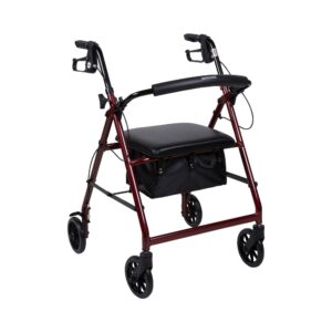 McKesson 146-R726RD Four Wheel Red Rollator with Adjustable Height and Folding Aluminum Frame