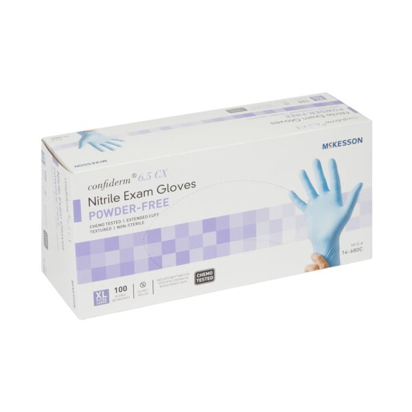 McKesson Confiderm 14-680C Extra Large Nitrile Exam Gloves with Extended Cuff and Textured Fingertips - Image 6