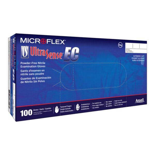 Ultrasense EC Medium Nitrile Exam Gloves by USE-880-M * Extended Cuff, Textured Fingertips, Blue