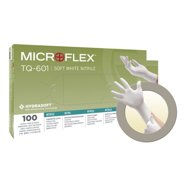 TQ-601-S Soft White Nitrile Exam Gloves by BrandName * Small, 9.6-Inch, Textured Fingertips, Beaded Cuff
