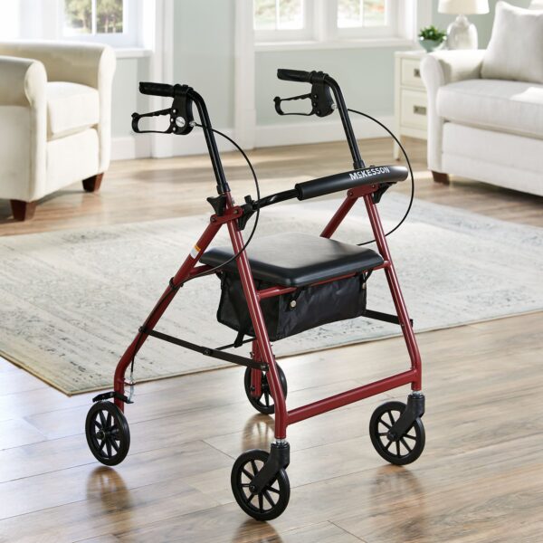 McKesson 146-R726RD Four Wheel Red Rollator with Adjustable Height and Folding Aluminum Frame - Image 7