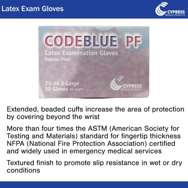 CodeBlue PF X-Large NonSterile Latex Exam Glove with Extended Cuffs - Fully Textured Blue - Image 3