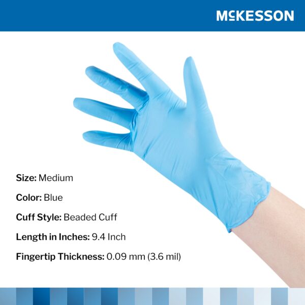 McKesson Confiderm 14-686 Medium Blue Nitrile Exam Gloves with Textured Fingertips and Beaded Cuffs - Image 2
