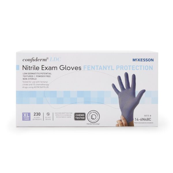 McKesson Confiderm LDC Extra Large Nitrile Exam Gloves - Blue, Chemo & Fentanyl Tested, Fully Textured, Standard Cuff - Image 6
