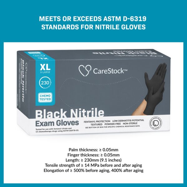 CareStock X-Large Black Nitrile Exam Gloves with Textured Finish - Chemical-Resistant, Fully Textured, Non-Sterile, Standard Cuff Length - Image 4
