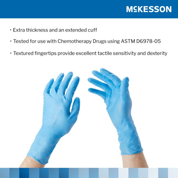 McKesson Confiderm 14-678C Large Blue Nitrile Exam Gloves with Extended Cuff and Textured Fingertips - Image 4