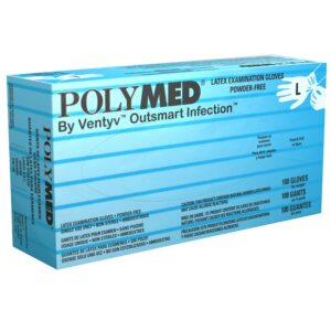 Polymed Large Non-Sterile Latex Exam Gloves - Ivory, 9.1-inch Length, Fully Textured with Beaded Cuff