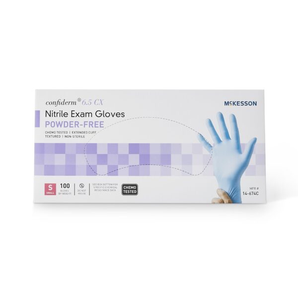 McKesson Confiderm 14-674C Small Blue Nitrile Exam Gloves with Extended Cuff and Textured Fingertips - Image 5