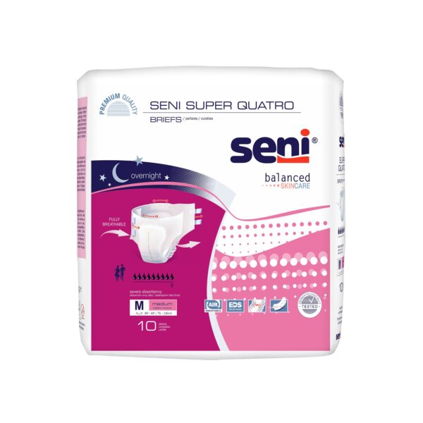 Seni Super Quatro Medium Disposable Heavy Absorbency Adult Incontinence Brief by Seni, Part No. S-ME10-BQ1