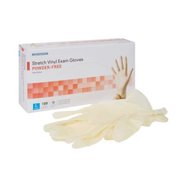 McKesson Large NonSterile Stretch Vinyl Exam Gloves - Ivory, Standard Cuff, 0.10 mm Thickness