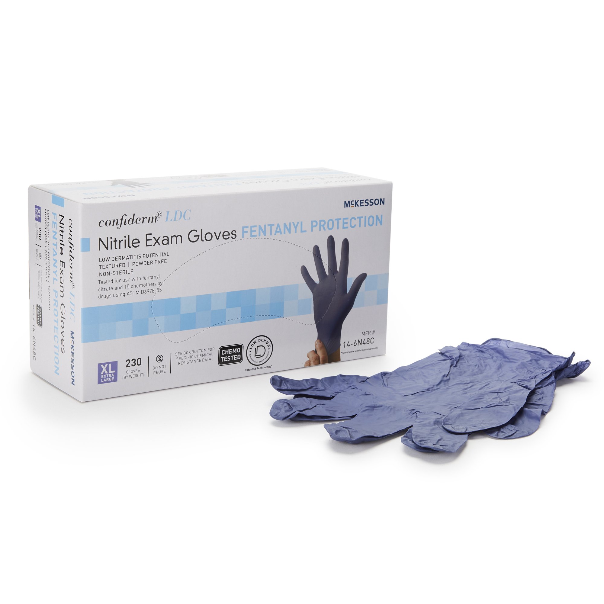 McKesson Confiderm LDC X-Large Nitrile Exam Gloves - Chemotherapy and Fentanyl Tested, Fully Textured Blue, Standard Cuff