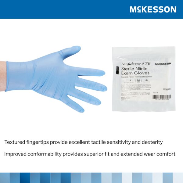 McKesson Confiderm STR Medium Nitrile Exam Gloves * Sterile, Blue, Standard Cuff, Textured Fingertips - Image 4