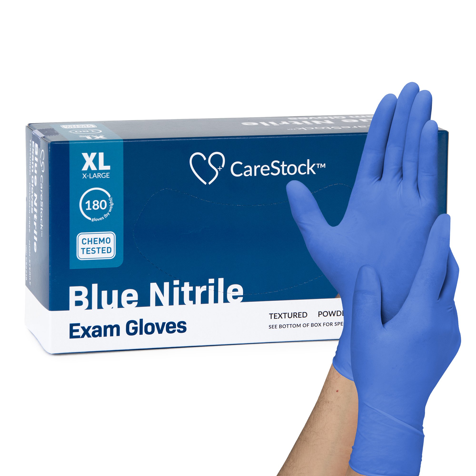 CareStock X-Large Nitrile Exam Gloves with Textured Fingertips - Blue, Chemo Tested, Standard Cuff