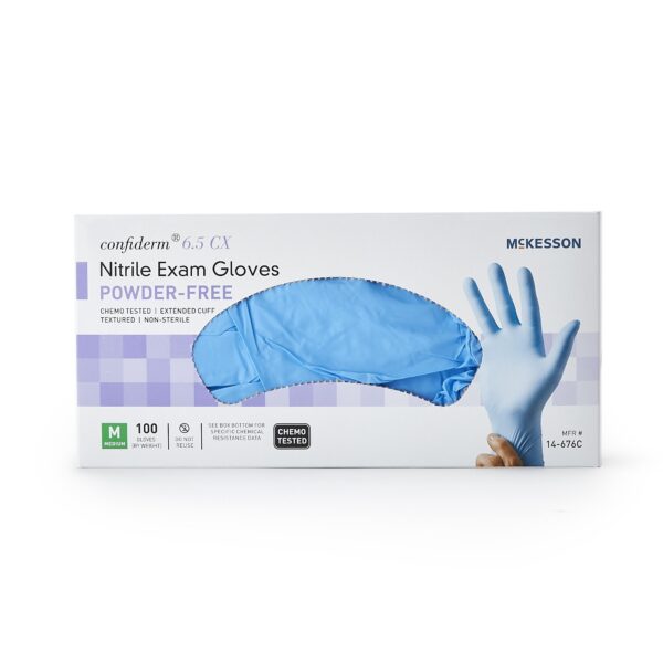 McKesson Confiderm 14-676C Medium Nitrile Exam Gloves with Extended Cuff and Textured Fingertips - Image 5