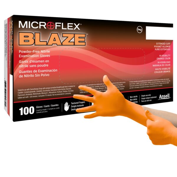 Microflex Blaze Large Nitrile Exam Glove with Textured Fingertips - Orange, Standard Cuff