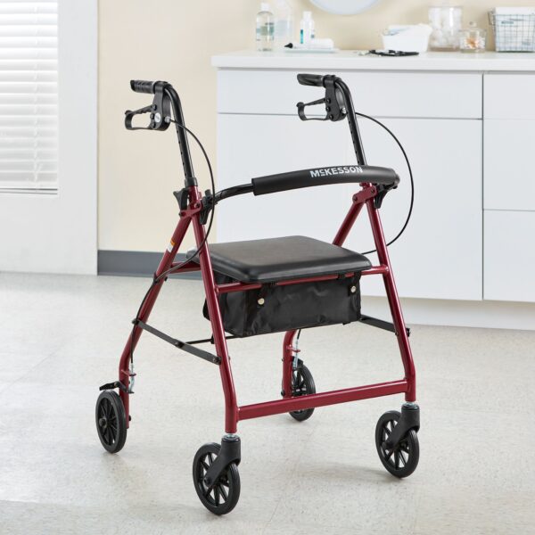 McKesson 146-R726RD Four Wheel Red Rollator with Adjustable Height and Folding Aluminum Frame - Image 6